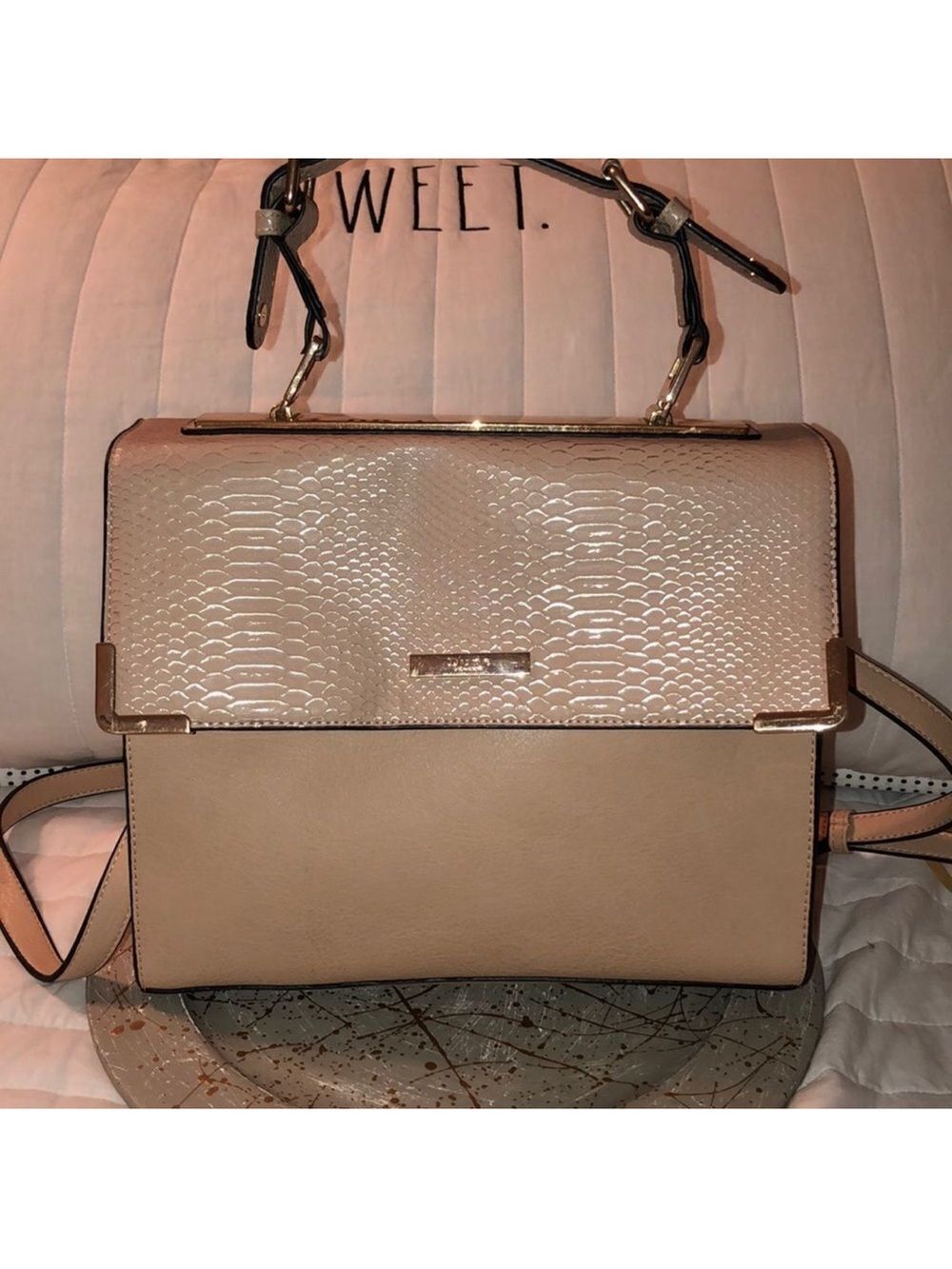 Dune London Python Flap Cream Tan Gold Faux Leather Cross Body Carry Bag